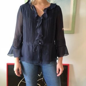 Navy Sheer Ruffle Tie Waist Blouse